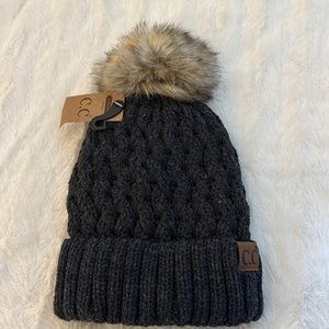 C.C Exclusives Fuzzy Lined Knit Fur Pom Beanie Hat NWT
